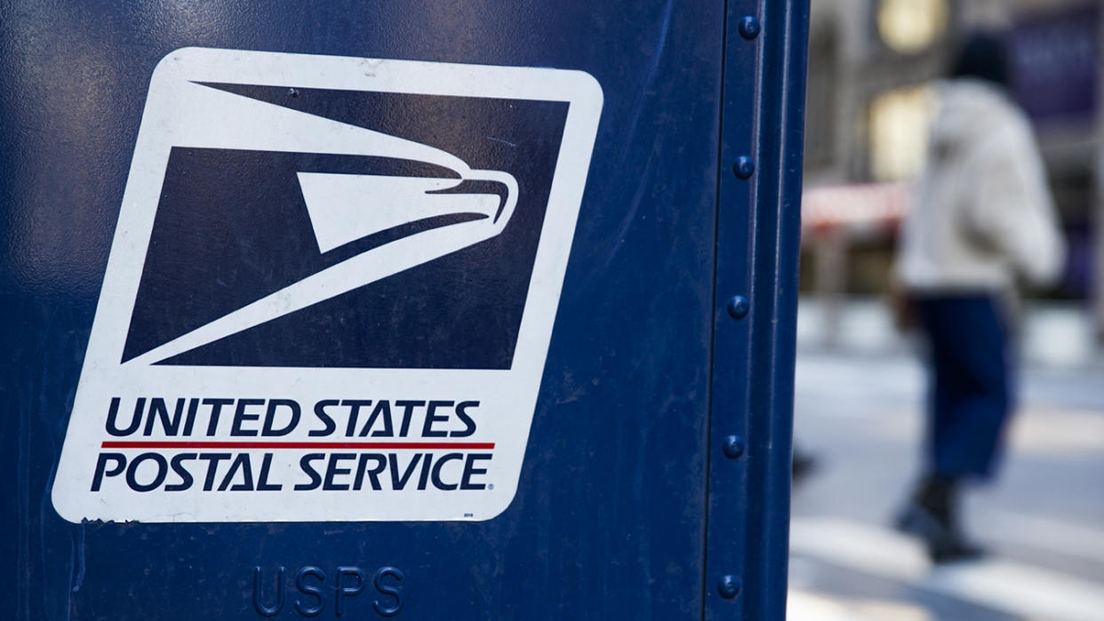 A USPS logo is seen on a mailbox on February 24, 2021, in New York City. (John Smith/VIEWpress via Getty Images)