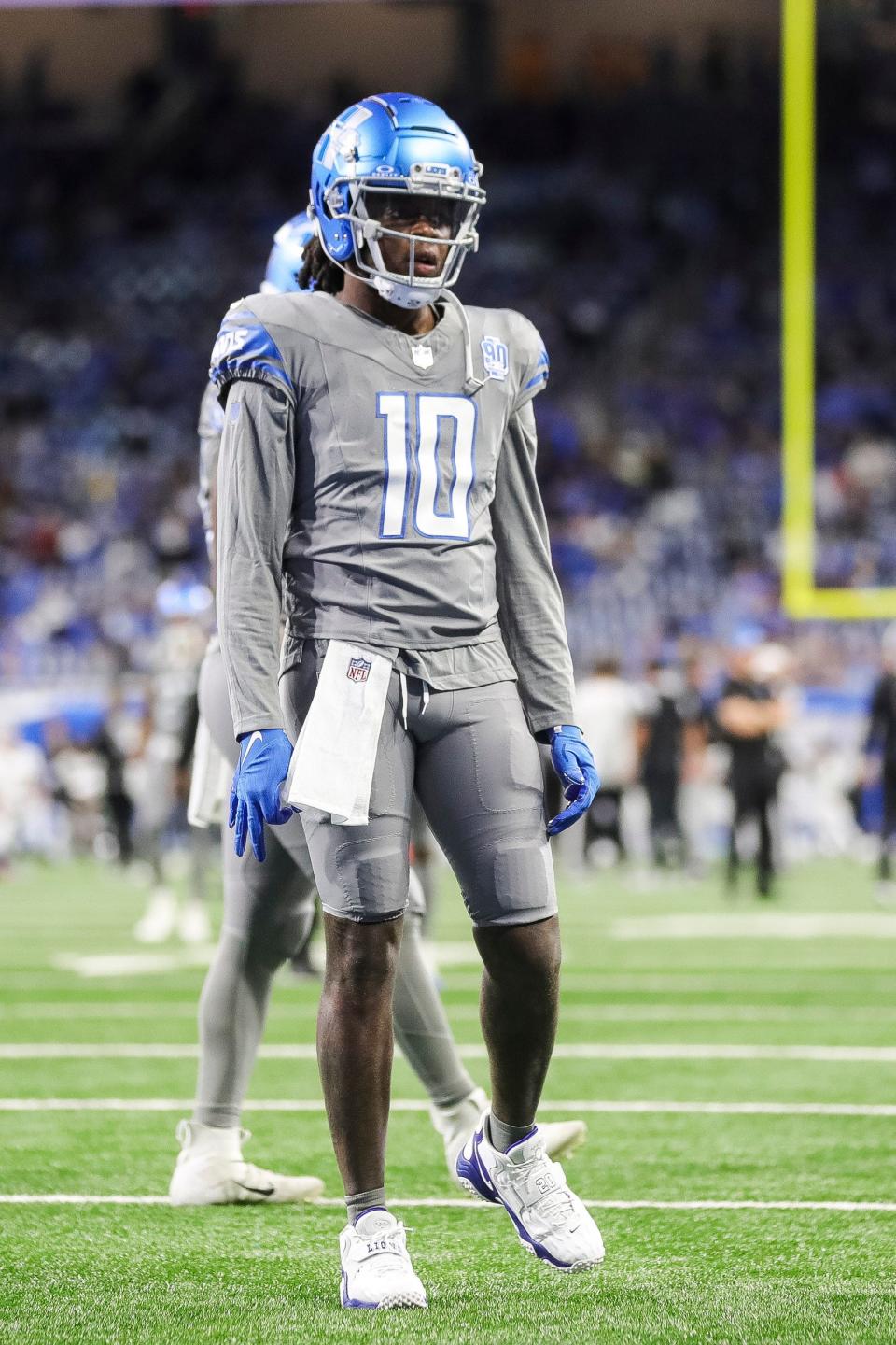 Lions quarterback Teddy Bridgewater during warmups before the game against the Raiders on Monday, Oct. 30, 2023, at Ford Field.