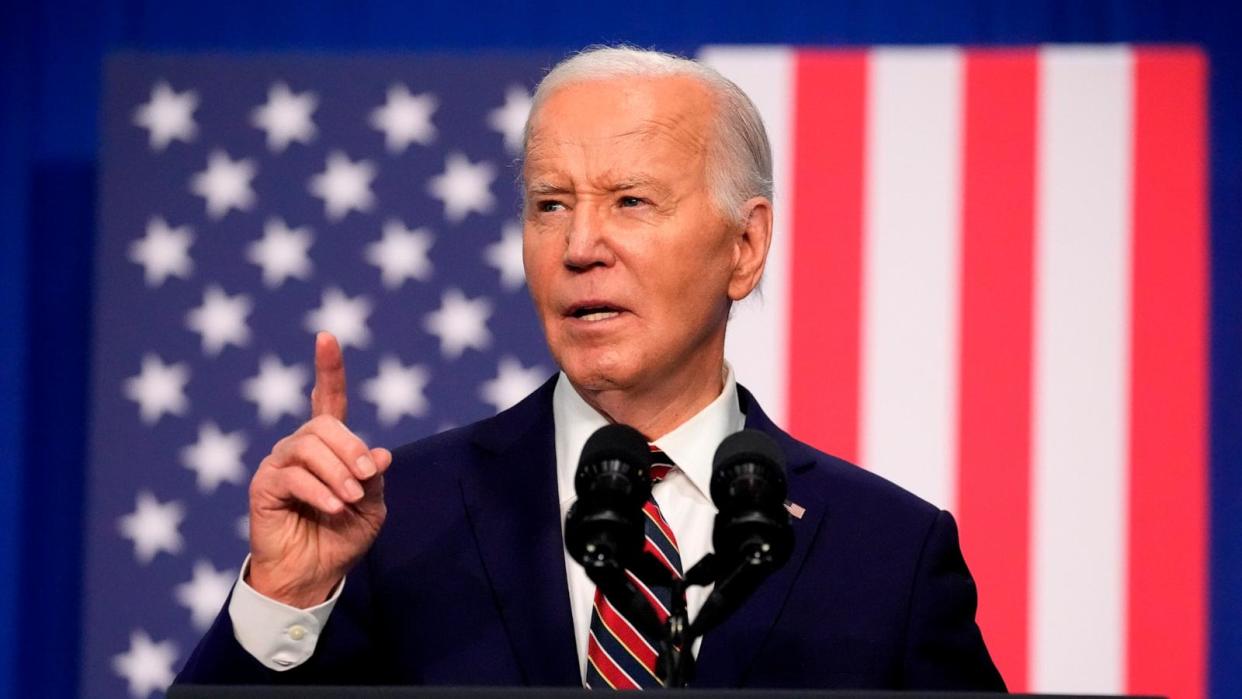 PHOTO: President Joe Biden speaks about the PACT Act at the Westwood Park YMCA, on May 21, 2024, in Nashua, N.H. (Alex Brandon/AP)