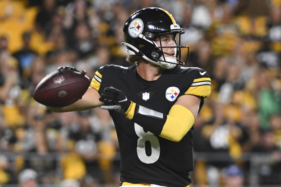 Pittsburgh Steelers quarterback Kenny Pickett looks to pass against the Seattle Seahawks during the second half of a preseason NFL football game, Saturday, Aug. 13, 2022, in Pittsburgh. (AP Photo/Barry Reeger)