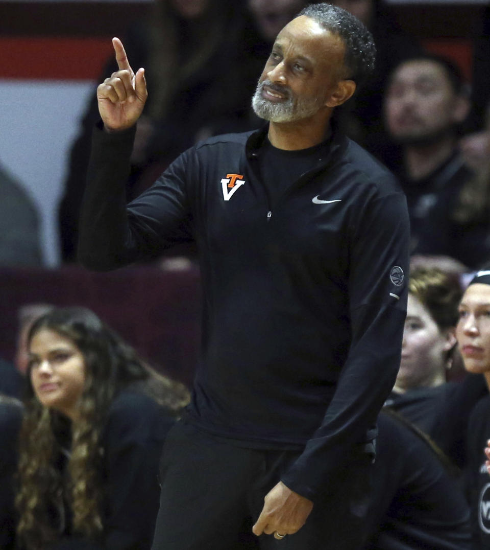 Virginia Tech head coach Kenny Brooks reacts to a missed scoring opportunity during the first half of an NCAA college basketball game against Syracuse in Blacksburg, Va., Thursday, Feb. 2, 2023. (Matt Gentry/The Roanoke Times via AP)