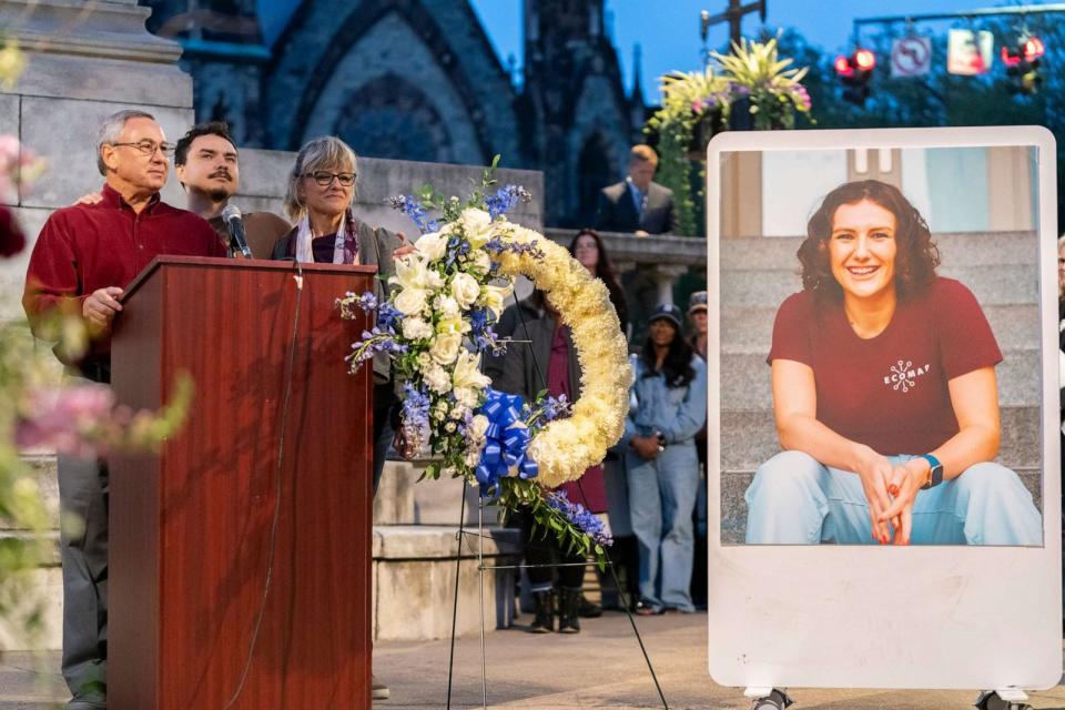 PHOTO: Frank LaPere, Nico LaPere and Caroline Frank, the family of Pava LaPere, founder of tech startup EcoMap Technologies, speak during a vigil on Wednesday, Sept. 27, 2023, in Baltimore. (Stephanie Scarbrough/AP)