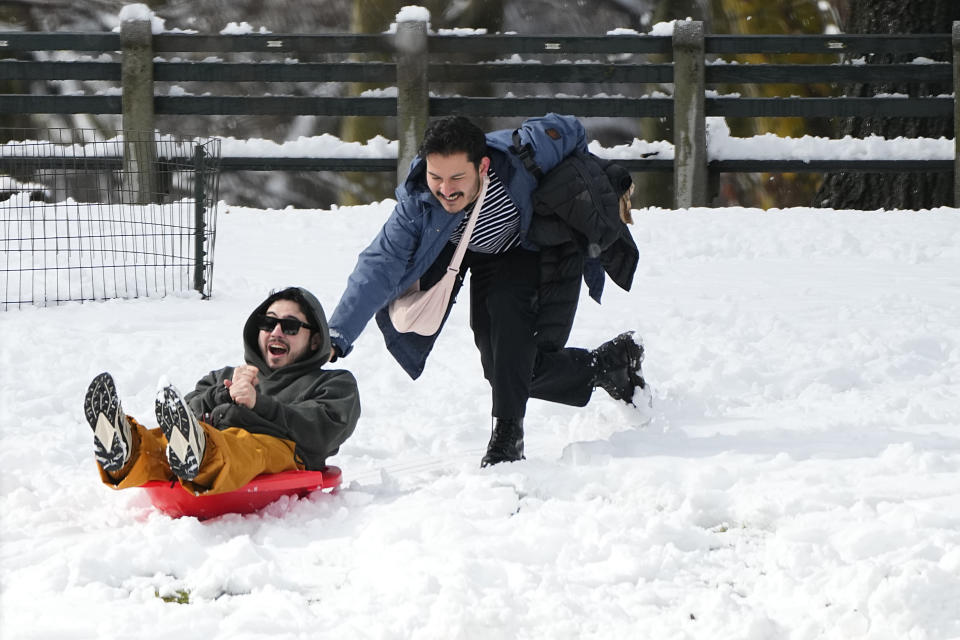 People use their snow sled in New York's Central Park Tuesday, Feb. 13, 2024, in New York. (AP Photo/Frank Franklin II)