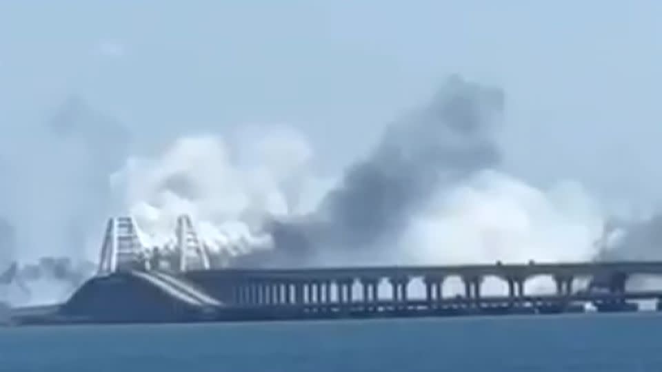 Explosions are seen in June near the Kerch bridge that connects occupied Crimea to Russia. - Telegram/sotaproject