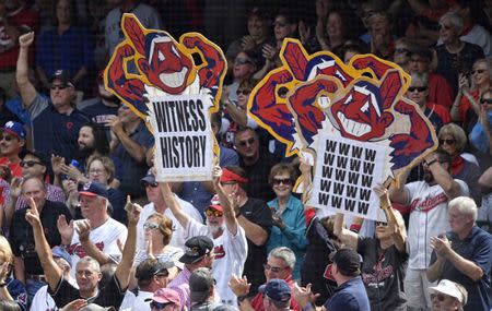 Sep 13, 2017; Cleveland, OH, USA; Fans hold signs in the first inning of a game between the Cleveland Indians and the Detroit Tigers at Progressive Field. Mandatory Credit: David Richard-USA TODAY Sports