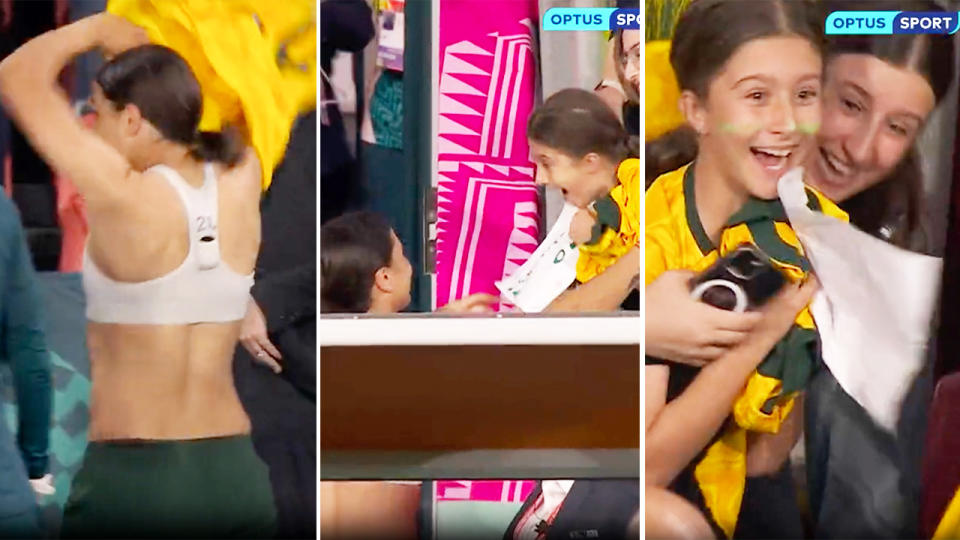 Sam Kerr, pictured here giving her jersey to a young fan after the Matildas' win over France at the Women's World Cup.