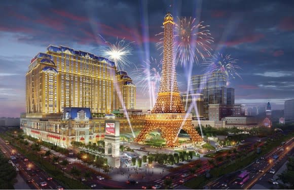 Rendering of The Parisian Macau with fireworks.