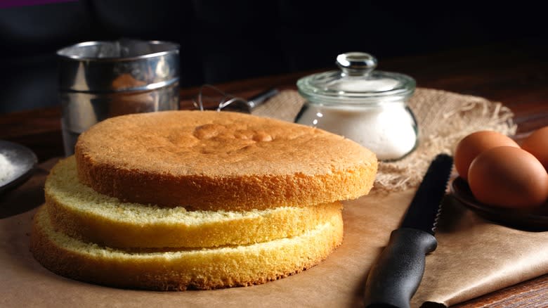 Layers of cake with eggs, sugar, and knife