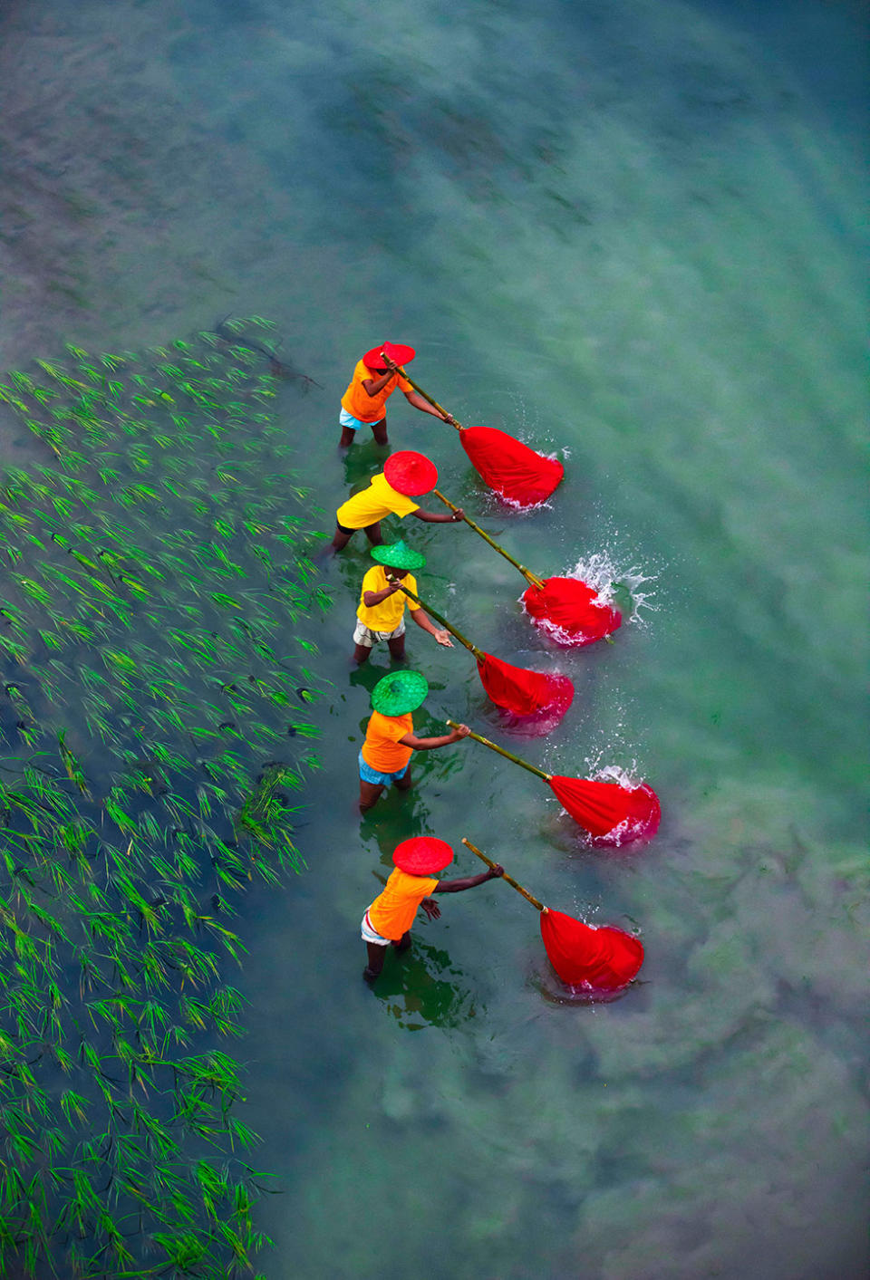 Personas pescando con redes en el río Sirajgong, Bangladesh