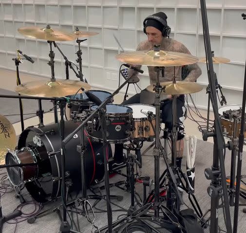 <p>Travis Barker/Instagram</p> Travis Barker shares behind-the-scenes footage on Instagram as Blink-182 records new album