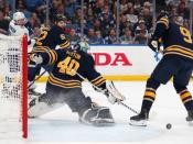 Nov 13, 2018; Buffalo, NY, USA; Buffalo Sabres goaltender Carter Hutton (40) makes the save against the Tampa Bay Lightning during the first period at KeyBank Center. Kevin Hoffman-USA TODAY Sports