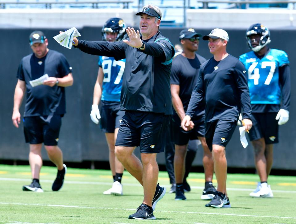 Jaguars head coach Doug Pederson gives instructions on the fields during Friday's Rookie Minicamp session. The Jacksonville Jaguars held their first Rookie Minicamp on the turf of TIAA Bank Field Friday afternoon, May 13, 2022. Among those in attendance were the team's 2022 draft picks.