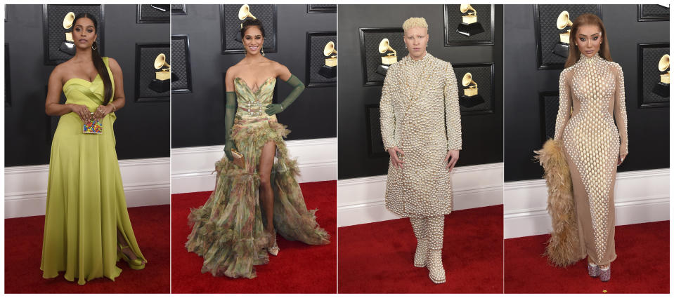 This combination of photos shows fashion worn by Lilly Singh, from left, Misty Copeland, Shaun Ross and Nikita Dragun at the 62nd annual Grammy Awards at the Staples Center on Sunday, Jan. 26, 2020, in Los Angeles. (Photos by Jordan Strauss/Invision/AP)