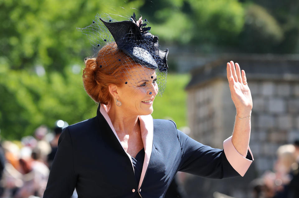 Sarah Ferguson arrives for the wedding ceremony of Britain&#39;s Prince Harry, Duke of Sussex and US actress Meghan Markle at St George&#39;s Chapel, Windsor Castle, in Windsor, on May 19, 2018. (Photo by Gareth FULLER / POOL / AFP)        (Photo credit should read GARETH FULLER/AFP/Getty Images)