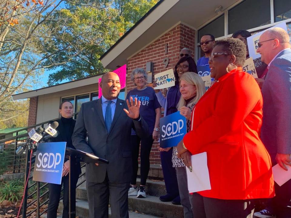 Democratic National Committee Chairman Jaime Harrison alongside South Carolina Democratic Party Chairwoman Christale Spain (right) speaks outside of the SCDP office in Columbia on Monday Dec. 11, 2023 about the state party’s get out the vote efforts ahead of the Feb. 3, 2024 First in the Nation Democratic presidential primary.