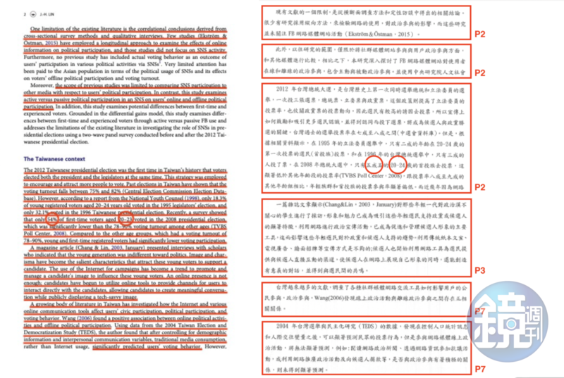 左圖為原著政大教授林日璇的英文論文，遭林杏兒英翻中、複製貼上在她的碩士論文（右圖）不同頁數裡。