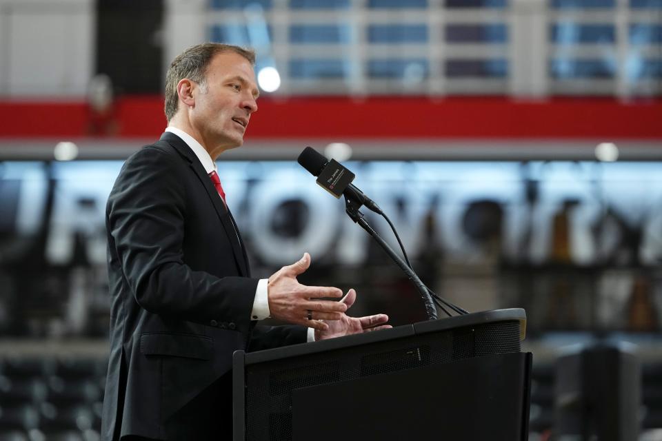 Jan 17, 2024; Columbus, OH, USA; Ross Bjork speaks during an introductory press conference for Ohio State University’s new athletic director at the Covelli Center.