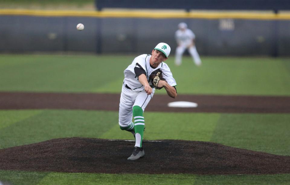 New Castle baseball senior Eli Cooper earned the pitching win in the regional championship against Fort Wayne Bishop Dwenger at Oak Hill High School on Saturday, June 4, 2022.