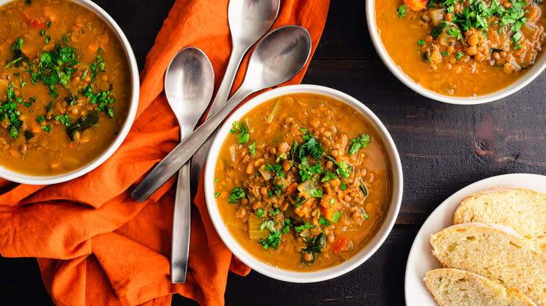 bowls of lentil and vegetable soup