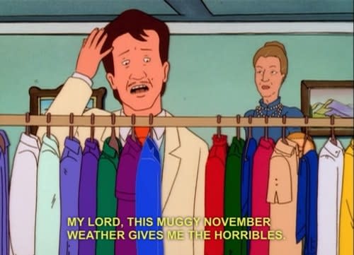 Gilbert Dauterive saying "my lord, this muggy November weather gives me the horribles"