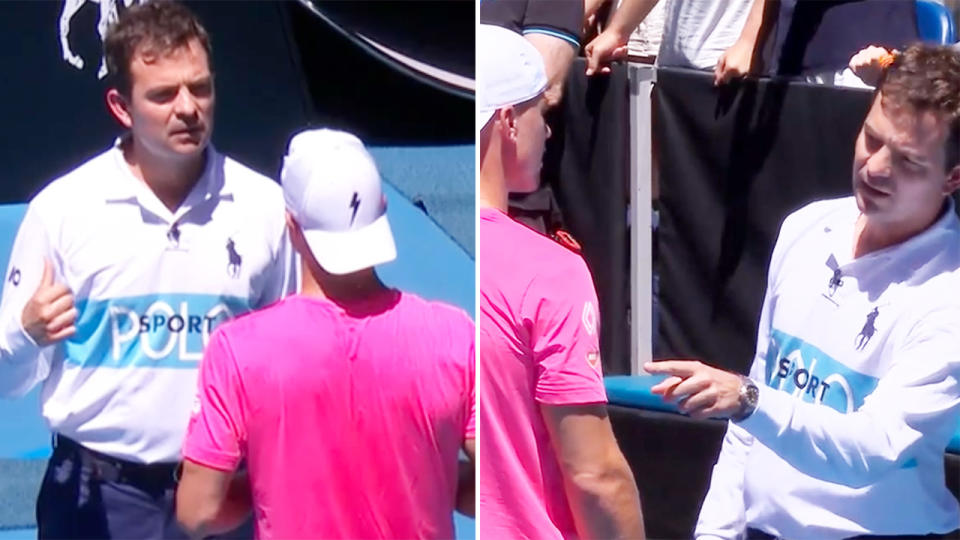 Martin Fucsovics was told by the chair umpire that he had to change his shirt. Image: Channel 9