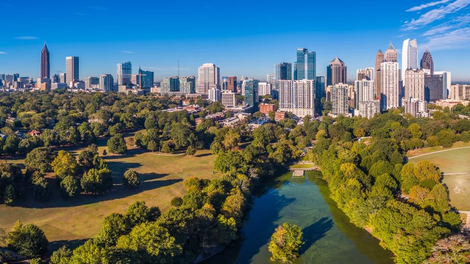 Aerial view of the Atlanta, Georgia Skyline.