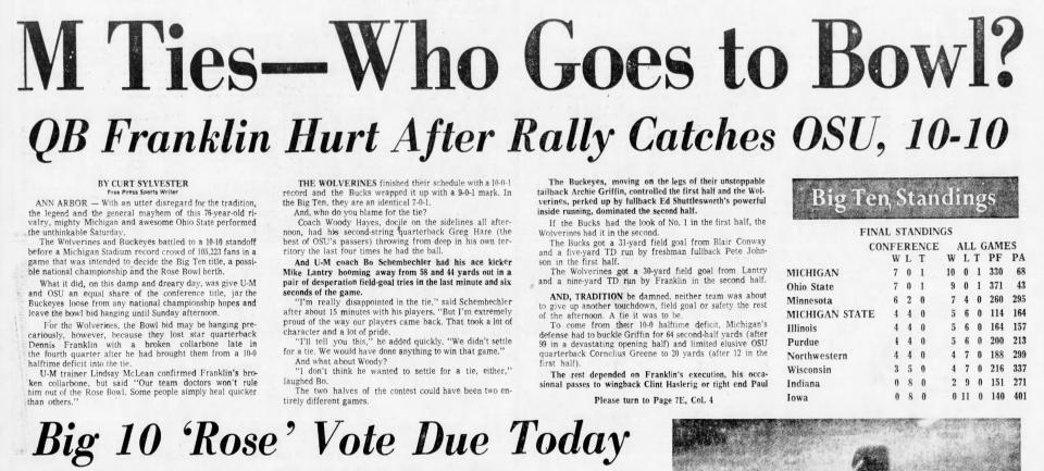 Perhaps the most controversial game in the history of this storied rivalry occurred in 1973. Michigan QB Dennis Franklin helped lead a second half comeback that ended with Michigan and Ohio State in a 10-10 tie. 

A vote was determined by the Big Ten athletic directors and they voted Ohio State to represent the conference in the 1974 Rose Bowl. Bo Schembechler would remain furious about that vote for the rest of his life.