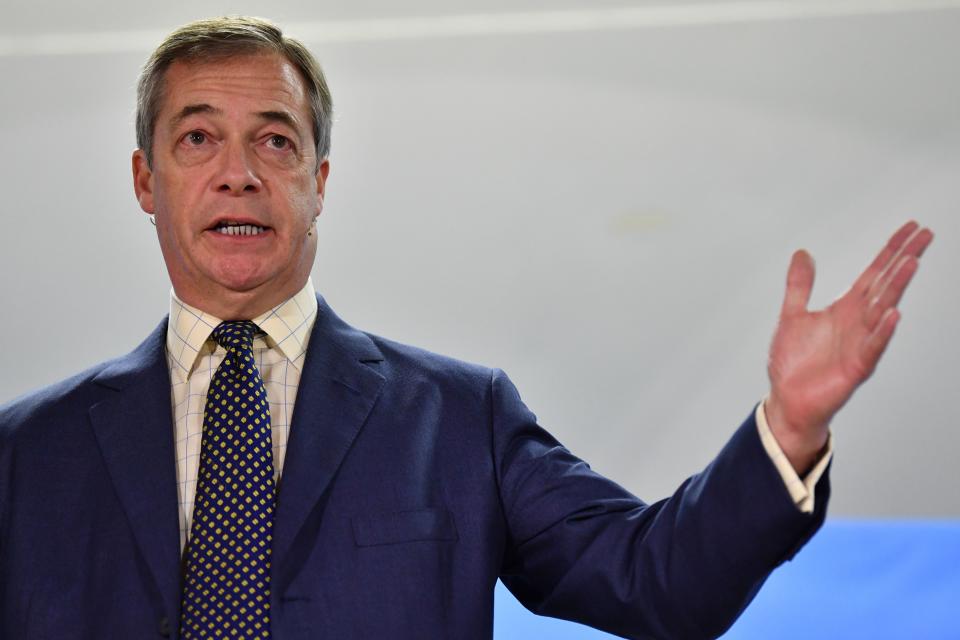 Brexit party leader Nigel Farage speaks at a Brexit party campaign event in Buckley, north Wales on December 2, 2019. (Photo by Paul ELLIS / AFP) (Photo by PAUL ELLIS/AFP via Getty Images)
