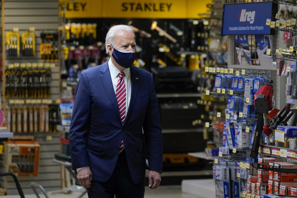 President Joe Biden visits W.S. Jenks & Son hardware store, a small business that received a Paycheck Protection Program loan, Tuesday, March 9, 2021, in Washington. (AP Photo/Patrick Semansky)