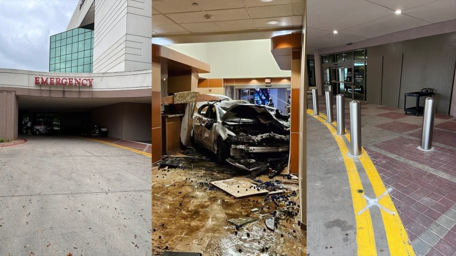 photos showing no bollards near ER, car crashed into ER and bollards added