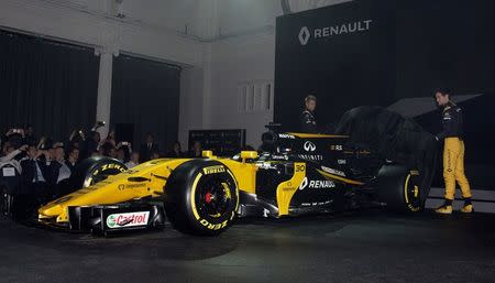 Britain Formula One - F1 - 2017 Renault Formula One Car Launch - The Lindley Hall, London - 21/2/17 Renault's Jolyon Palmer and Nico Hulkenberg unveil the new car Reuters / Alan Walter Livepic