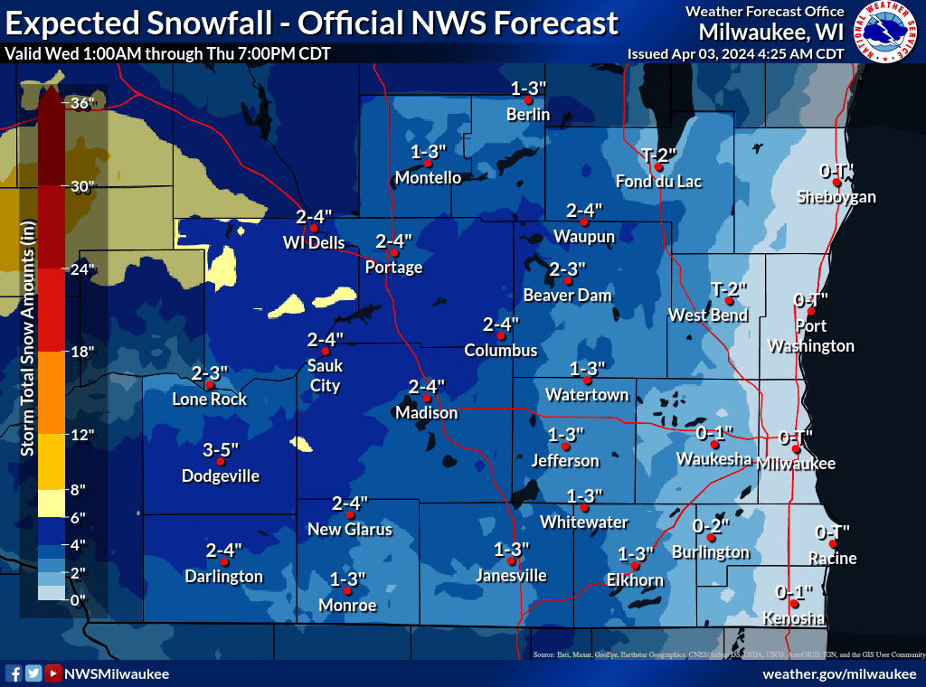 The latest snowfall forecast from the Milwaukee office of the National Weather Service on April 3.