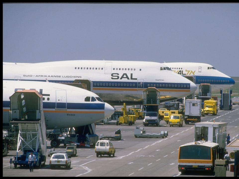 South African Airways Boeing 747 parked at the airport.