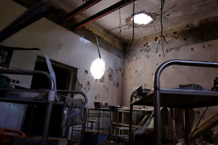 Hospital beds lay in the Medecins Sans Frontieres hospital in Kunduz, Afghanistan on April 26, 2016, about six months after an American airstrike killed dozens of patients, some of whom burned to death in their beds. REUTERS/ Josh Smith