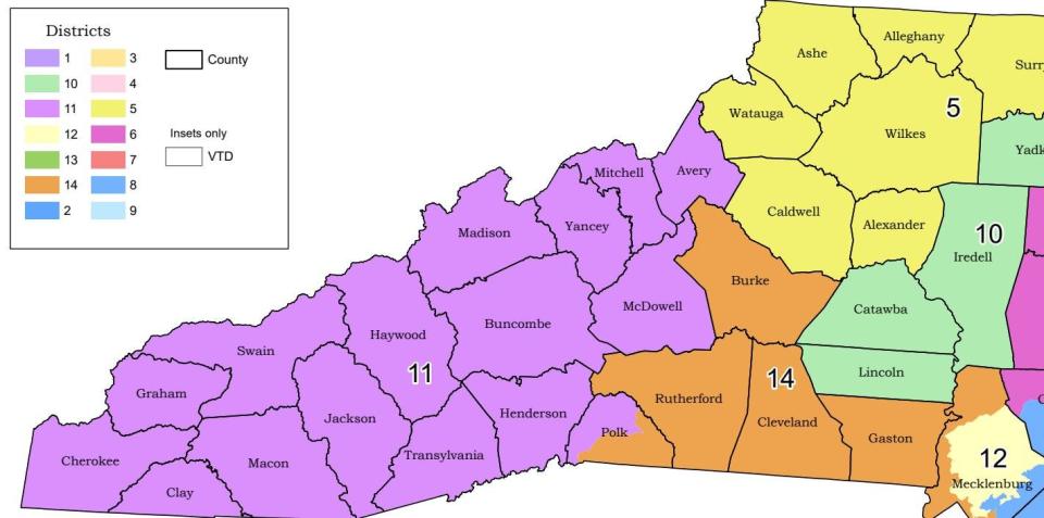 One of two maps proposed for the new 11th Congressional District by leaders of the Republican-majority North Carolina General Assembly. Map "CCJ-1" covers 16 of the state's westernmost counties, but puts half of Polk County into the 14th District.