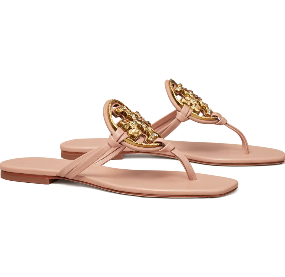 Tory Burch Jeweled Miller Sandal in gold and light peach pink (Photo via Nordstrom)