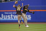 San Diego Padres' Tommy Pham, right, and Fernando Tatis Jr. celebrate after a baseball game against the New York Mets at Citi Field, Sunday, June 13, 2021, in New York. The Padres defeated the Mets 7-3. (AP Photo/Seth Wenig)