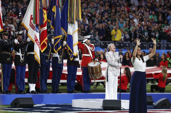 Pink performs the national anthem before the Super Bowl LII at U.S. Bank Stadium in Minneapolis, Minn., on February 4.  Photo by Kamil Krzaczynski/UPI