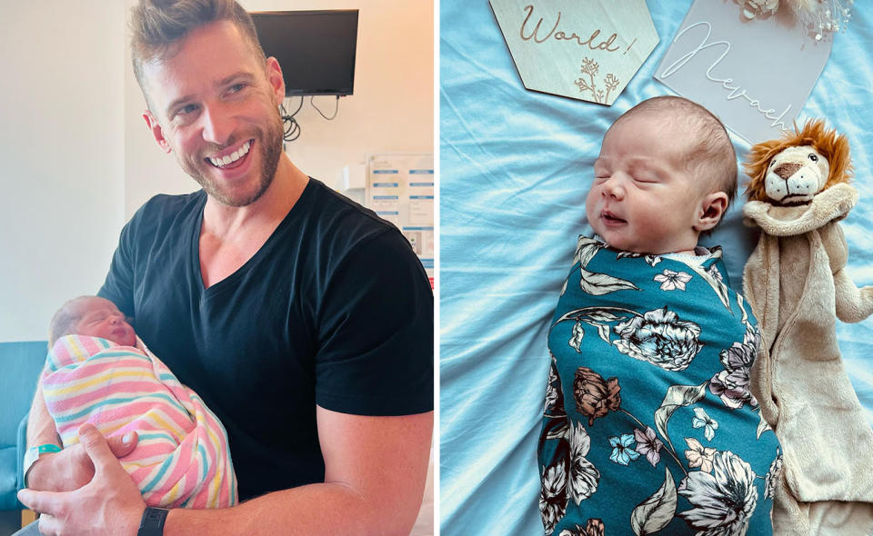 L: Dan Ewing holding his newborn baby daughter in the hospital, he is wearing a black t shirt and she is wrapped in a colourful blanket. R: A photo of Dan Ewing's newborn baby daughter swaddled in a teal floral cloth, lying on a blue cloth background with a lion toy