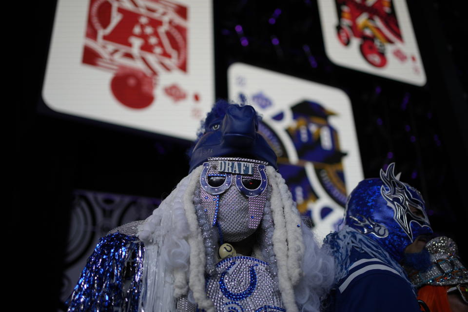 An Indianapolis Colts fan wears a costume before the second round of the NFL football draft Friday, April 29, 2022, in Las Vegas. (AP Photo/John Locher)