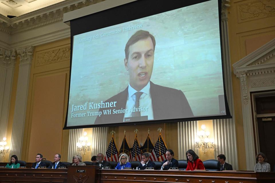 Former Senior Advisor to former President Donald Trump, Jared Kushner appears on screen during a House Select Committee hearing to Investigate the Jan. 6 attack on the U.S. Capitol, in the Cannon House Office Building on Capitol Hill in Washington on Thursday.