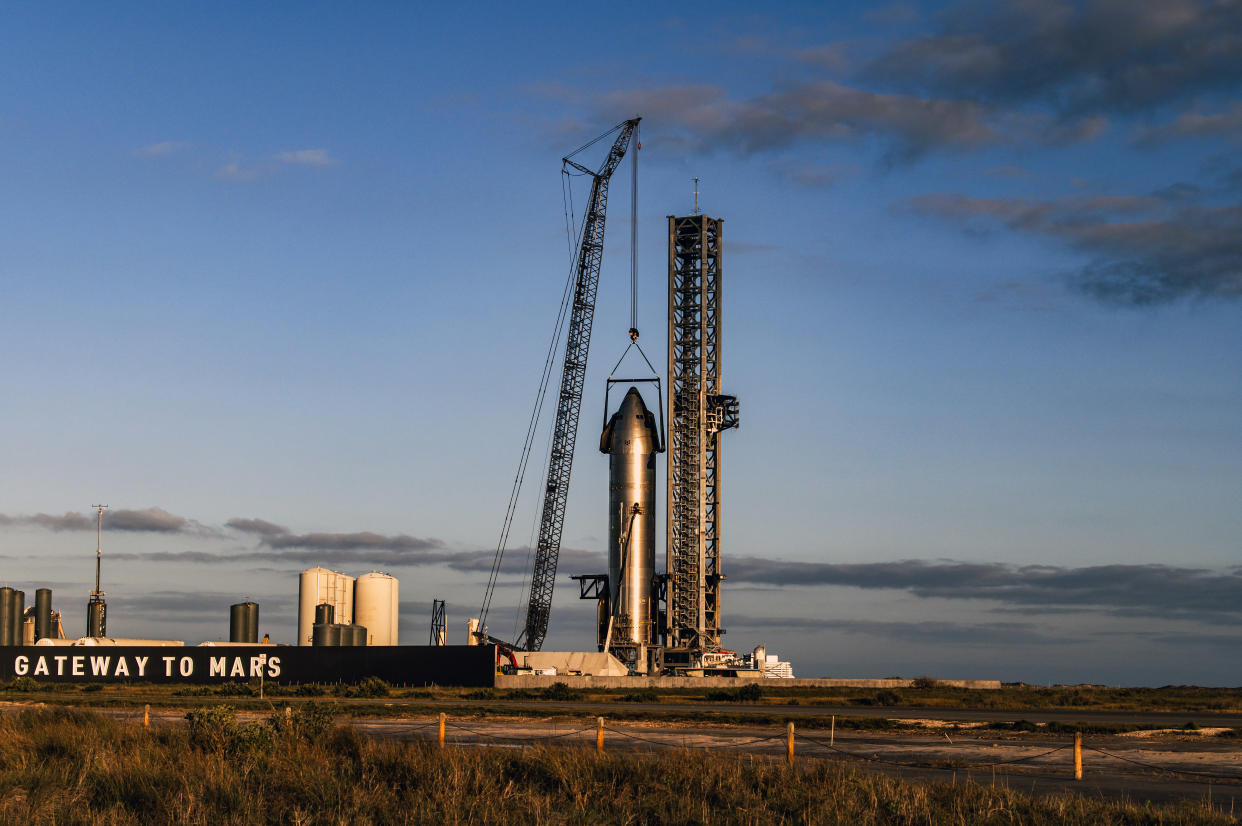 Starship, a nearly 400-foot reusable rocket, docked at SpaceX’s facility in Boca Chica, Texas, on Feb. 21, 2024. (Meridith Kohut/The New York Times)
