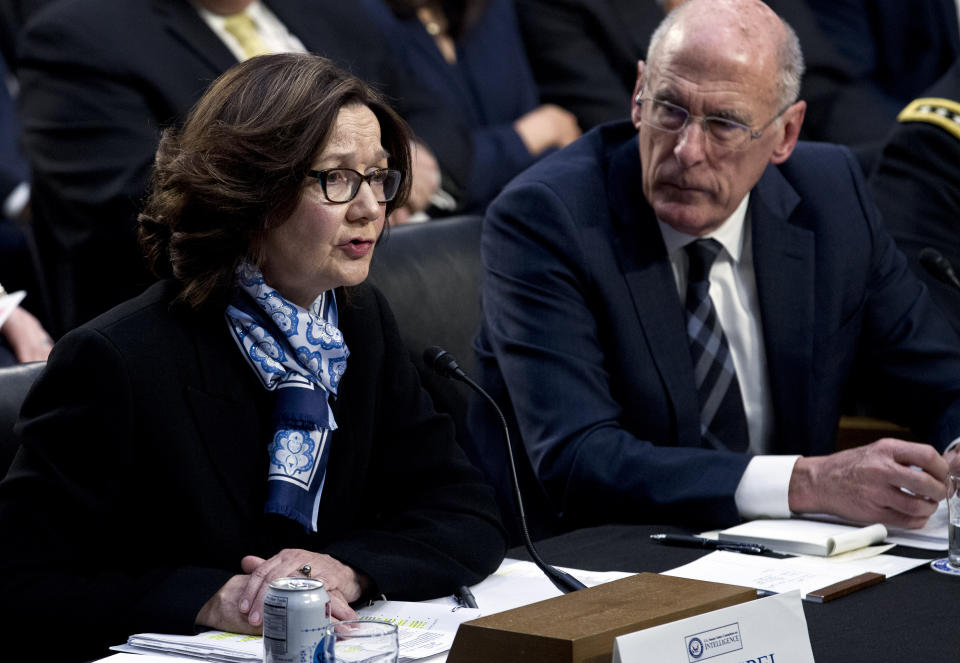 CIA Director Gina Haspel accompanied by Director of National Intelligence Daniel Coats testifies before the Senate Intelligence Committee on Capitol Hill in Washington Tuesday, Jan. 29, 2019. (AP Photo/Jose Luis Magana)