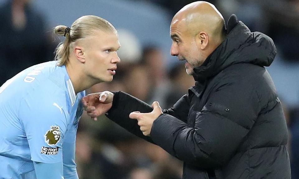 <span>Pep Guardiola said ‘the reason why we don’t create many chances [against <a class="link " href="https://sports.yahoo.com/soccer/teams/arsenal/" data-i13n="sec:content-canvas;subsec:anchor_text;elm:context_link" data-ylk="slk:Arsenal;sec:content-canvas;subsec:anchor_text;elm:context_link;itc:0">Arsenal</a>] is not because of Erling [Haaland]’.</span><span>Photograph: David Blunsden/Action Plus/REX/Shutterstock</span>