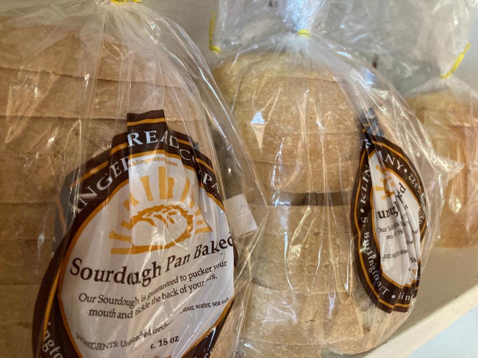 Shelves display sourdough bread for sale Aug. 15, 2023 at Klinger's Bread Co. in South Burlington.