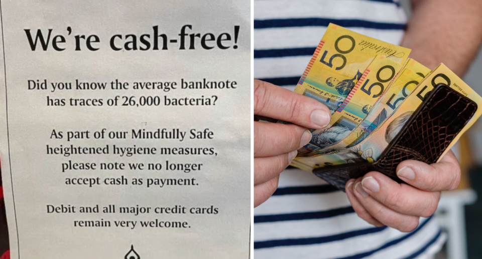 Sign from business explaining why it's cashless next to person holding Aussie $50 notes