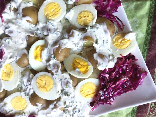 Lora Wiley-Lennartz Eggs & Potatoes in Creamy Herb Sauce with Red Cabbage Salad