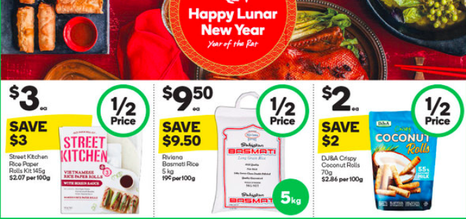 Asian groceries on sale for half-price at Woolworths.