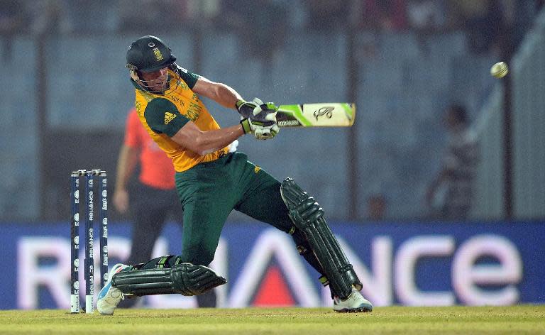 South Africa batsman AB de Villiers plays a shot during the World Twenty20 tournament cricket match against England in Chittagong on March 29, 2014