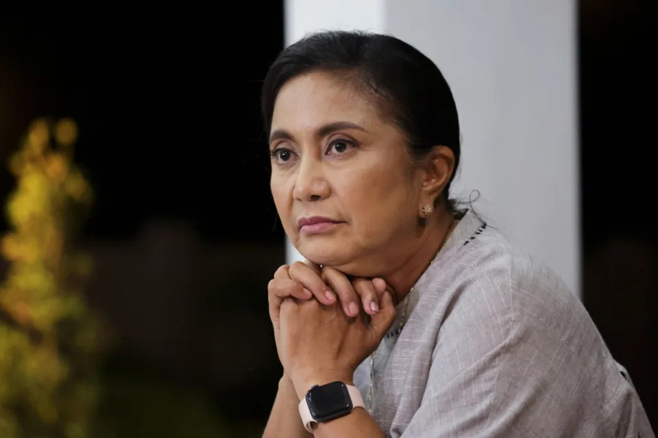 In this photo provided by the Office of the Vice President, Philippine Vice President Leni Robredo gestures as she gives a post-election statement from her home in Magarao, Camarines Norte, eastern Philippines Tuesday, May 10, 2022. (Office of the Vice President via AP)